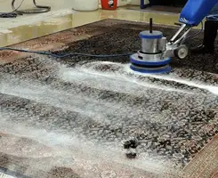 Professional rug cleaning with a rotary floor machine and shampoo foam, deep-cleaning an area rug, in Cleveland, OH.
